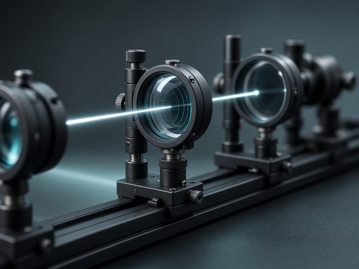 Cam merceklerin hizalandığı bir optik bankta ince bir ışık demeti